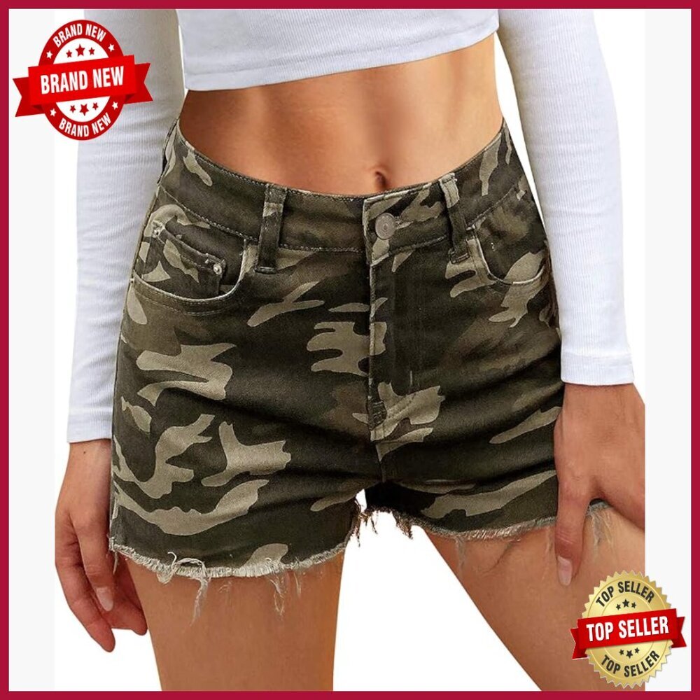 High Waisted Denim Shorts Ripped Frayed Stretchy Casual Summer Jean Shorts